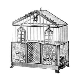 Catalog Illustration - Etchings: Birdcage - Peaked top, patterned base, windows and deer head detail.