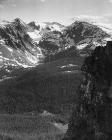 Ansel Adams - View of snow-capped mountain timbered area below, in Rocky Mountain National Park, Colorado, ca. 1941-1942
