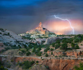 Tim Fitzharris - Lightning strikes near rock formation, Church Rock, Red Rock State Park, New Mexico