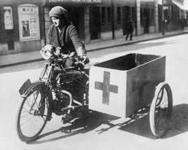 Underwood & Underwood - Miss Norman driving a Red Cross motorcycle in England, ca. 1916