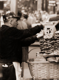 Angelo Rizzuto - Vendor selling fresh pretzels, New York City, 1957