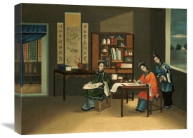 Chinese School - An Interior With a Woman Painting Flowers