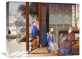 Chinese School - An Elderly Gentleman Listening To a Flautist In An Interior