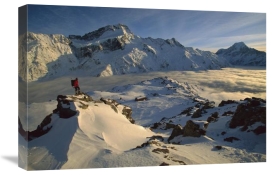 Colin Monteath - Mt Sefton climber above Mueller Glacier and hut, Mt Cook NP, New Zealand