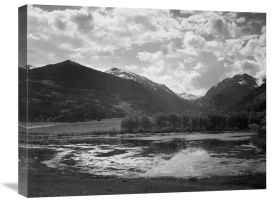 Ansel Adams - Lake and trees in foreground, mountains and clouds in background, in Rocky Mountain National Park, Colorado, ca. 1941-1942