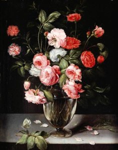 Ambrosius Brueghel - Roses and Carnations In a Glass Vase On a Stone Ledge