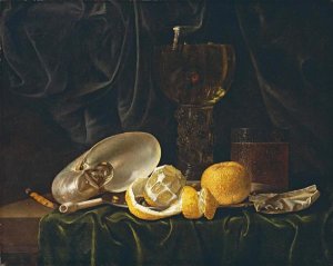 Christiaen Luyckx - Nautilus Shell, a Roemer Beer Glass, An Orange and a Lemon
