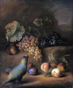 Tobias Stranover - A Parrot With Grapes, Peaches and Plums In a Landscape