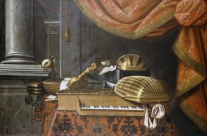 The Master of The B.B. - Lutes With a Clavichord On a Table, a Red Curtain Above
