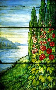 Tiffany Studios - Red Blossoming Hollyhocks and Arbor Vitae