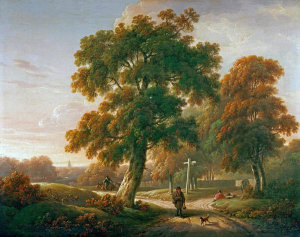 Charles Towne - Travellers at a Crossroads In a Wooded Landscape