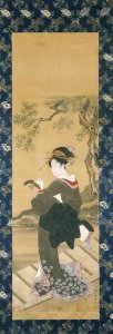 Utagawa Toyokuni - Portrait of a Woman Tuning Her Shamisen On a Veranda