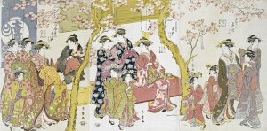 Kitagawa Utamaro - Three Groups of Courtesans With Their Shinzo and Kamuro