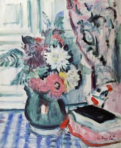 George Leslie Hunter - Mixed Dahlias In a Green Vase