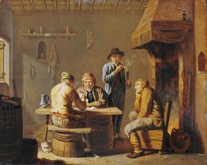 Justus Juncker - Peasants Playing Cards By a Cottage Fire