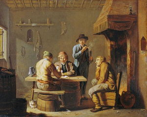 Justus Juncker - Peasants Playing Cards By a Cottage Fire