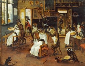 Jan Van Kessel - A Singerie: Monkey Barbers Serving Cats