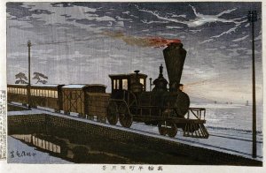 Kobayashi Kiyochika - A Steam Locomotive In Hazy Moonlight