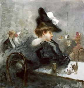 Pompeo Mariani - Elegant Lady In Black In a Caf??