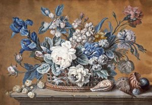 Peter Mazell - A Basket of Dahlias, Delphiniums