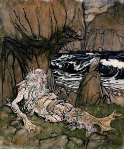 Arthur Rackham - A Crowned 'Merman' a Sea God Sleeping On a Rocky Shore