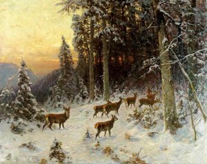 Arthur Julius Thiele - Deer In Winter Wooded Landscape