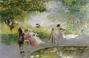 Mose Bianchi - Elegant Figures By An Ornamental Pond