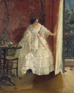 Alfred Stevens - Lady at a Window Feeding Birds