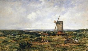 Frederick Waters Watts - An Extensive Landscape With Figures By a Windmill