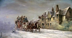 John Charles Maggs - Salisbury In Winter: Coach Arrives at The Star Inn