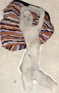 Egon Schiele - Mädchenakt gegen farbiges Tuch, 1911