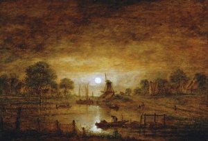 Aert Van der Neer - Title Unknown (Boats at Sunset with Windmill)