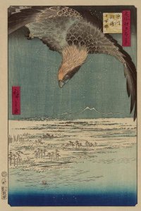 Ando Hiroshige - Hawk flying above a snowy landscape along the coastline., 1857