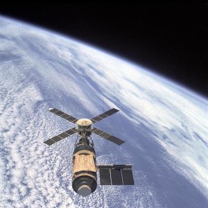 NASA - Skylab Orbital Workshop, viewed from Skylab 4 CSM, 1974