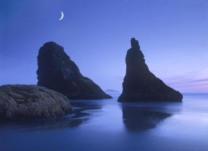 Tim Fitzharris - Sea stacks at dusk along Bandon Beach with rising moon, Oregon
