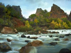 Tim Fitzharris - Court of the Patriarchs rising above river, Zion National Park, Utah