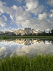 Tim Fitzharris - Mammoth Peak and scattered clouds reflected in lake, Yosemite National Park, California