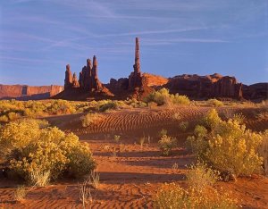 Tim Fitzharris - Totem Pole and Yei Bi Chei with sand dunes and shrubs, Monument Valley, Arizona and Utah border