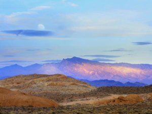 Tim Fitzharris - Sunset lighting up mountains under a full moon in Valley of Fire State Park, Mojave Desert, Nevada