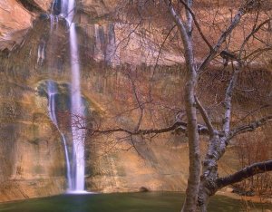 Tim Fitzharris - Calf Creek Falls cascading down sandstone cliff with desert varnish, Escalante National Monument, Utah