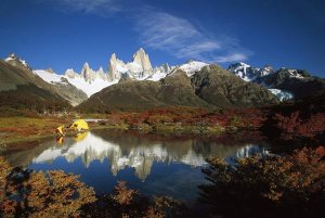 Colin Monteath - Camp beside small pond below Fitzroy, autumn, Los Glaciares National Park, Patagonia, Argentina