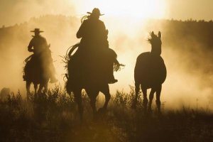 Konrad Wothe - Cowboys herding Horses at dusk, Oregon