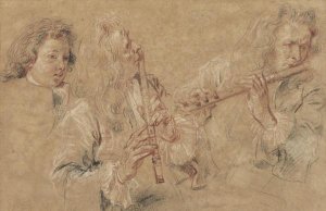 Jean-Antoine Watteau - Two Studies of a Flutist and a Study of the Head of a Boy