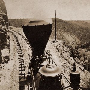 Alfred A. Hart - Rounding Cape Horn, California, Road to Iowa Hill from the river, in the distance, 1866-1869