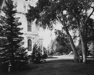 Carleton Watkins - Thurlow Lodge - Lawn and House. From Barron Cluster. Black and white.