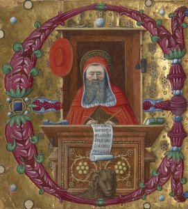 Unknown 15th Century Italian Illuminator - Initial E:  Saint Jerome in His Study