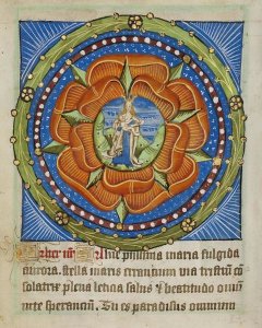 Unknown 12 Century Illuminator - Decorated Text Page - Mary and Jesus in a Rose