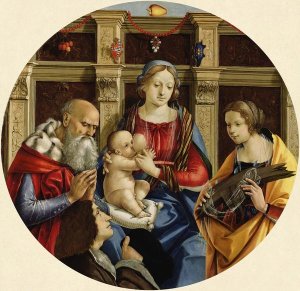 Michelangelo di Pietro Membrini - Madonna and Child with a Male Saint, Catherine of Alexandria and a Donor