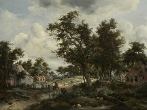 Meindert Hobbema - A Wooded Landscape with Travelers on a Path through a Hamlet