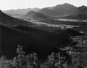 Ansel Adams - Valley surrounded by mountains,  in Rocky Mountain National Park, Colorado, ca. 1941-1942